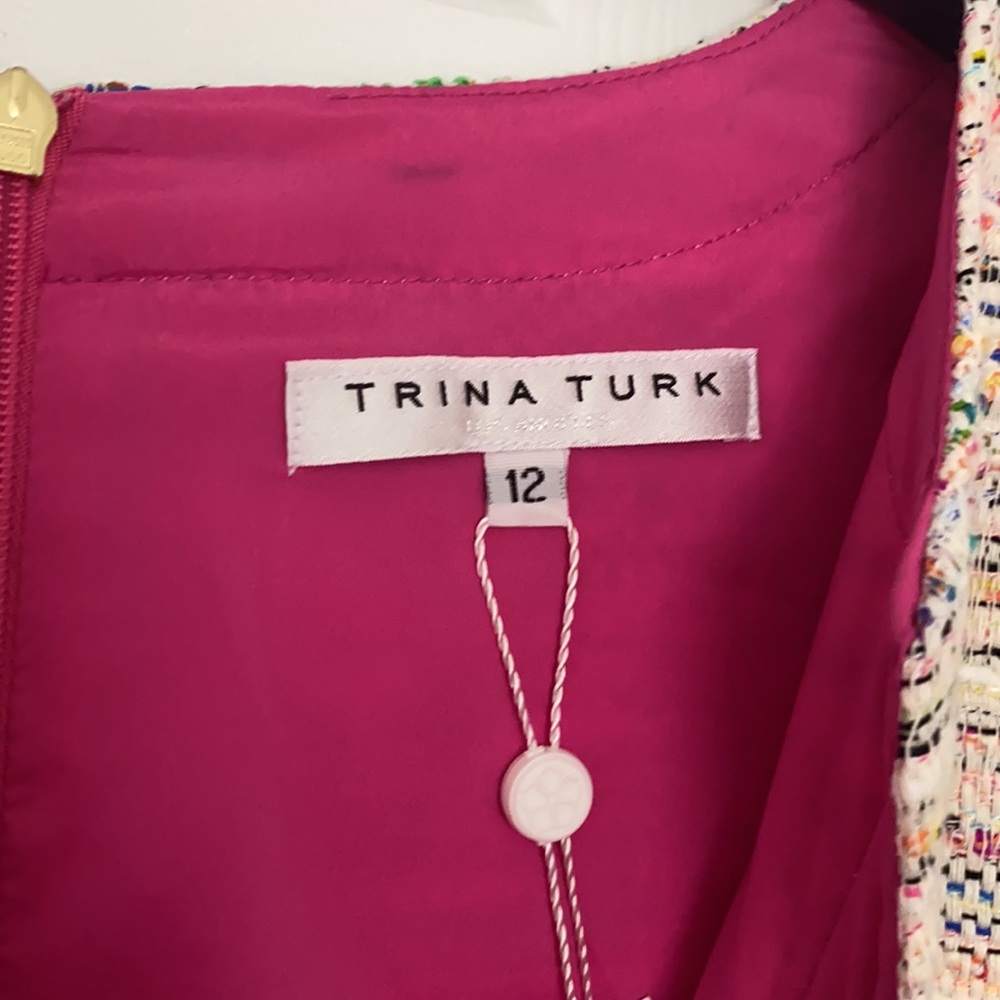Trina Turk Cream Multicolor Tweed Shift Dress with Fuchsia Accents - Picture 2 of 16